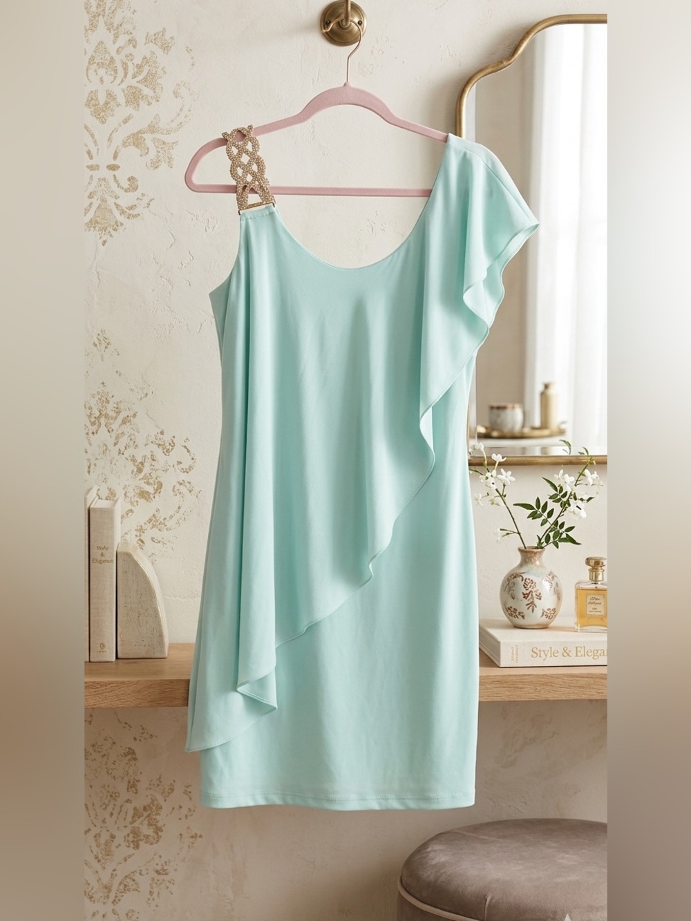 One-Shoulder Ruffle Dress in Mint